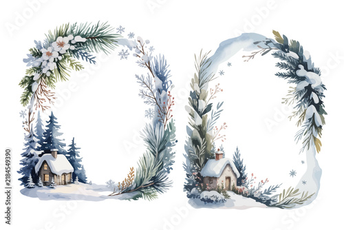 Watercolor Christmas Cottage Winter Frame vector illustration isolated on white background
