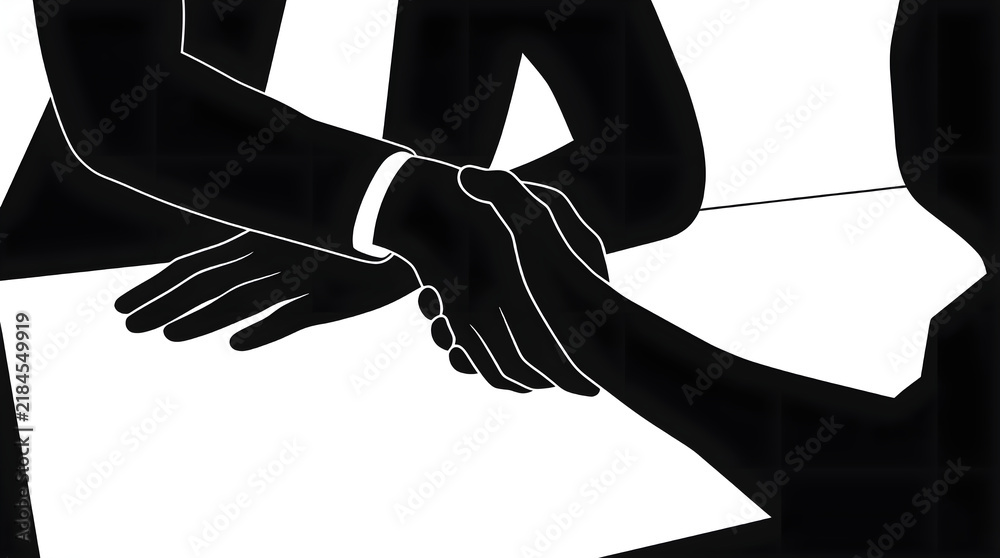 Fototapeta premium Black and white silhouette illustration of a close-up handshake over desk documents, symbolizing business agreement, corporate partnership, deal closure, and mutual trust.