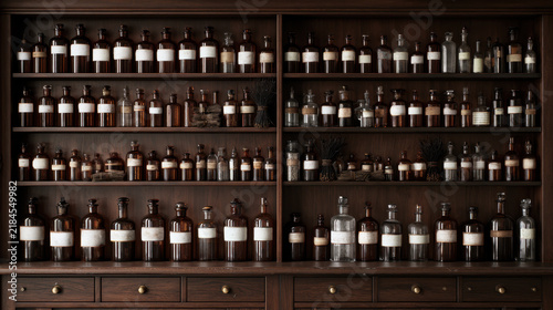Vintage apothecary cabinet filled with amber glass medicine bottles and botanical containers on dark wooden shelves
