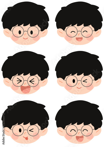Cute Boy Character with Round Glasses Showing Various Facial Expressions