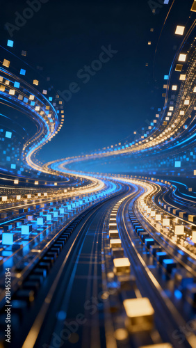 Blue futuristic data flow light tunnel