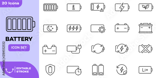 Battery Charging Power Line Icon Set. Energy Level Rechargeable Outline Symbol Collection with Lithium, Eco Battery, Warning, Settings, Fast Charge and Car Battery Icons, Editable Stroke Vector