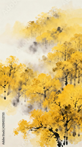 ink painting style golden forest landscape art