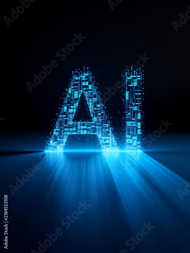 Three dimensional letters ai composed of blue digital light points