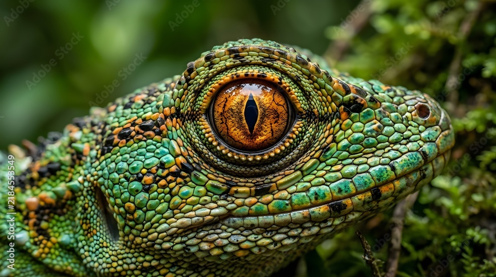 Obraz premium Macro close-up of a green lizard eye in the wild with textured scales