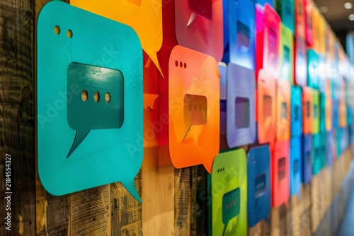 Colorful speech bubbles are creating connections and digital dialogue on a wooden background