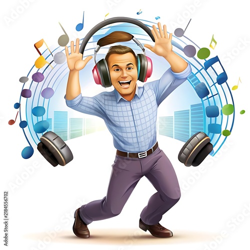 Happy man in casual shirt dancing and listening to music with headphones music lover audio equipment musical notes break time