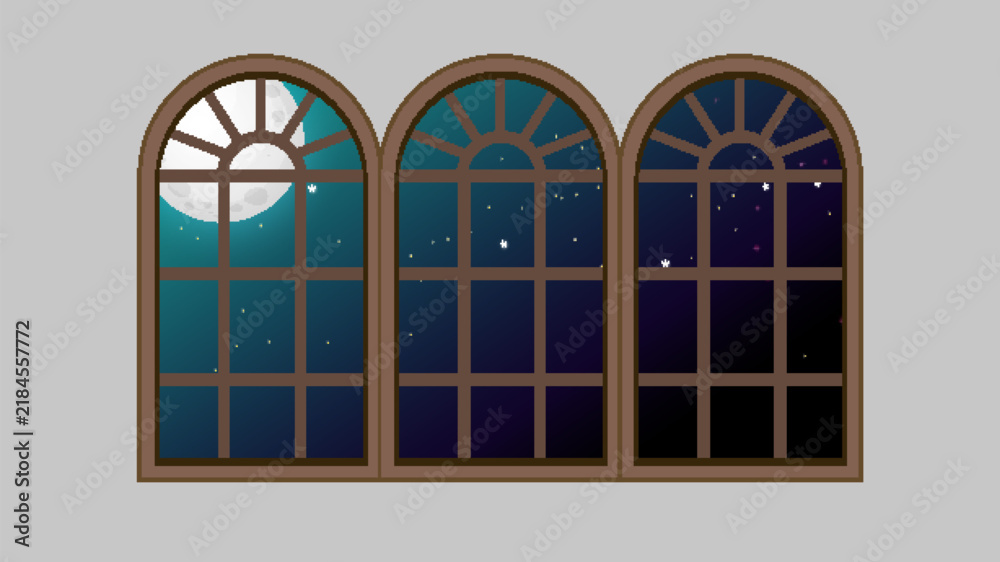 Obraz premium Arched Windows with Full Moon and Starry Night Sky View