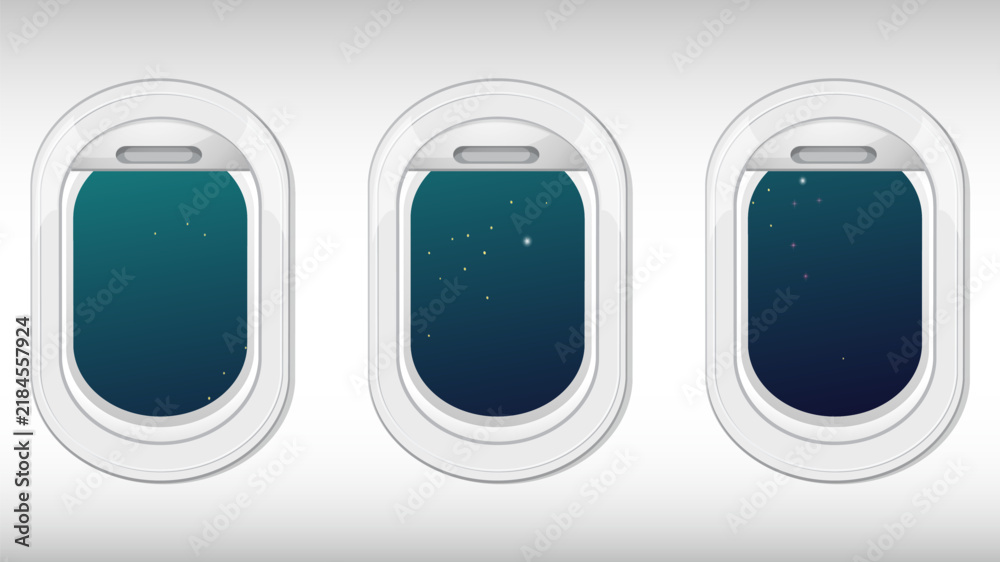 Obraz premium Three Airplane Windows Looking Out at a Starry Night Sky