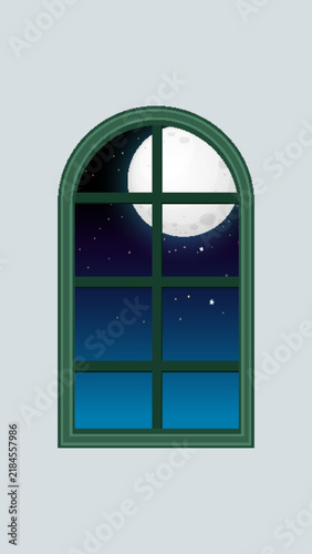 Arched Window View of Full Moon in Starry Night Sky