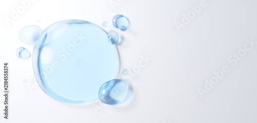 3DCG background image featuring water droplets and a pale blue circular water basin base. White background. Copy space (horizontal)