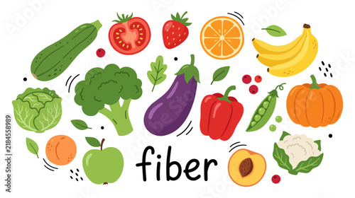 Fiber food source banner vegetable fruit broccoli pumpkin banana