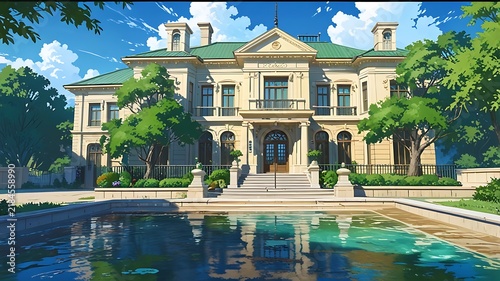 Hyper-detailed anime 3D island mansion, ornate textures and foliage