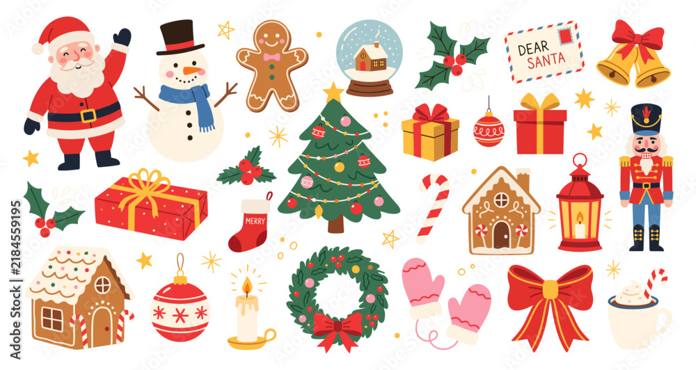 Fototapeta premium Christmas holiday set with Santa Claus snowman tree gift and nutcracker