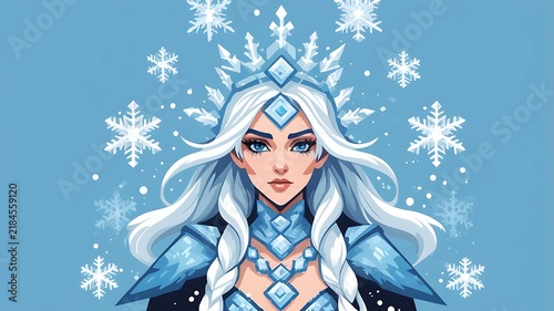 Ice sorceress with snowflake crown in 8-bit pixel art, vector logo style