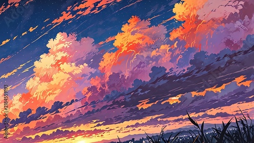 Impressionist sunset gradient, textured orange to lilac