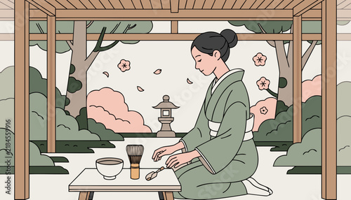 Japanese Tea Ceremony in Garden Pavilion with Kimono, Flat Vector Serene Mindfulness Ritual Illustration