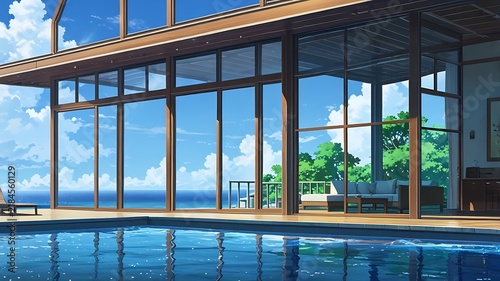 Island villa in anime aesthetic, modern wooden structure