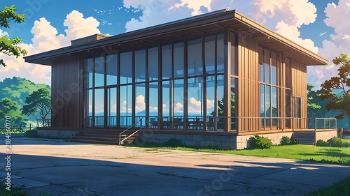 Island villa in anime aesthetic, modern wooden structure