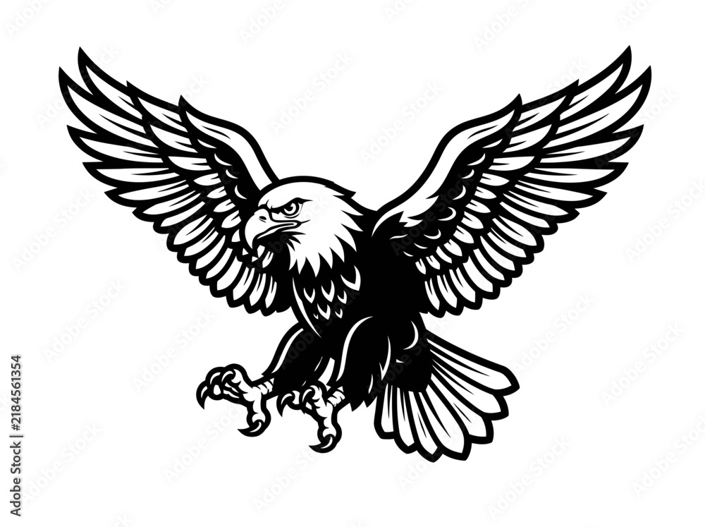 Obraz premium Eagle mascot illustration in flight with spread wings and sharp talons isolated on a clean white background.