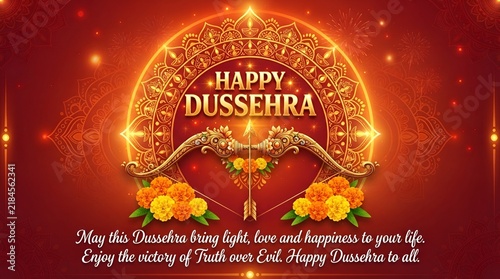 Greeting card with bow for Navratri festival with hindi text meaning Dussehra (Hindu holiday Vijayadashami). Vector illustration