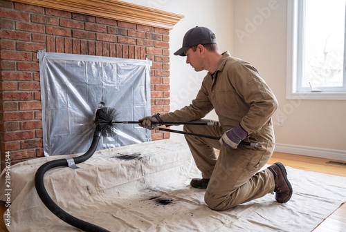 Professional cleaning residential brick fireplace flue