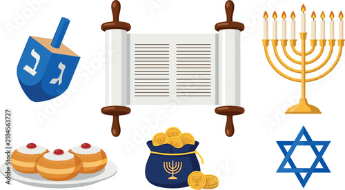 Foto Hanukkah jewish holiday vector icon set featuring menorah candelabra torah scrol