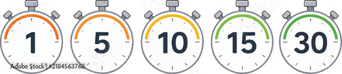Stopwatch Icon Set with 1 5 10 15 30 Minute Numbers Timer Gauge Vector Icons
