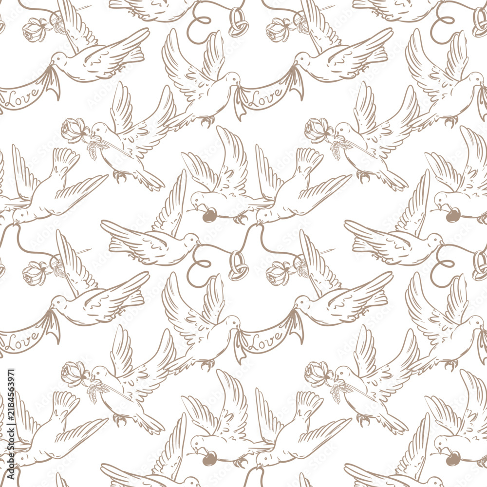 Fototapeta premium Seamless wedding pattern. Vector image of flying doves. White doves hold betrothal rings. Symbol of love and fidelity. Valentine's Day clipart. Outline drawing. Coquette style background.