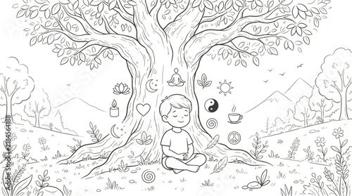 black and white cartoon illustration of a tree