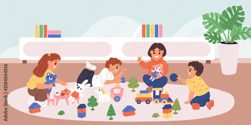 Fototapeta premium Little friends playing in room. Smiling children in playroom. Kids group playing with toys in kindergarten. Boys and girls on carpet. Daycare playground. Nursery activities. Vector concept