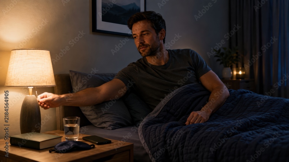 Fototapeta premium man lying in bed reaches to turn off a bedside lamp in a dimly lit bedroom at night.