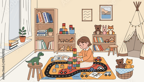 Cozy Childrens Playroom with Teepee and Toy Blocks, Flat Vector Warm Childhood Imagination Illustration