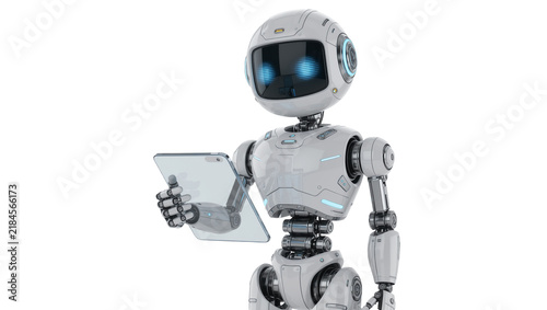 Obraz na plátně Futuristic white robot holding a transparent tablet, isolated on transparent bac