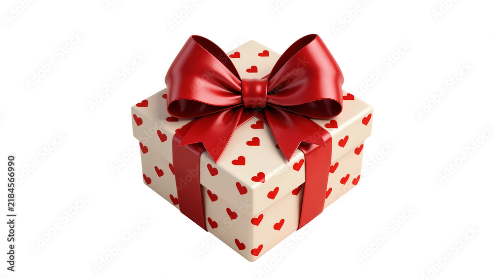 Fototapeta premium Cream colored gift box with red hearts pattern and red ribbon bow, isolated on transparent background