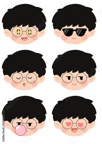 Cute Boy Character with Round Glasses Showing Fun Facial Expressions