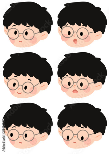 Cute Boy Character with Round Glasses Showing Various Facial Expressions