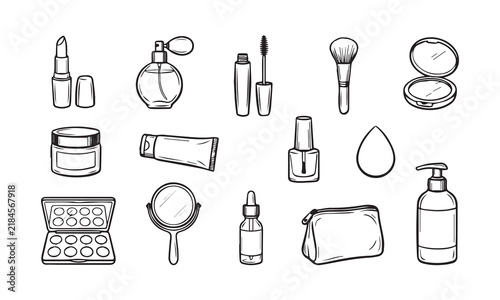 Hand drawn style beauty and makeup product icons with realistic sketch outlines.