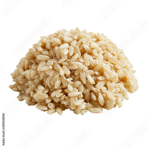 Brown rice heap isolated on a white background in a simple setting with no distractions and no other ingredients present