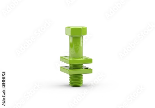Lime green industrial bolt with square washers on white background