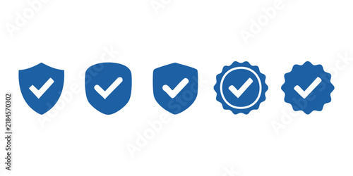 Bild auf Leinwand Blue verified badge and shield security icon set for account safety and authenti