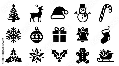 Set of hand drawn christmas icons featuring festive holiday elements in a simple black and white doodle style