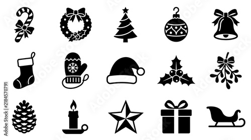 Set of black and white hand drawn christmas icons featuring festive holiday elements and winter decorations