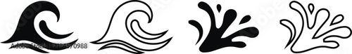 A collection of hand drawn black and white ocean wave icons and water splash symbols isolated on a white background design
