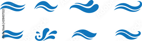 A collection of blue water wave icons and abstract liquid flow symbols isolated on a clean white background for design