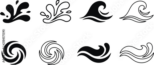 A collection of black and white water icons featuring various splashes waves swirls and liquid shapes for modern graphic design