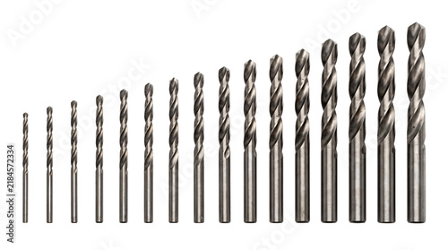 Drill bit set. Graduated sizes arranged in a row. Steel twist drill bits isolated on white