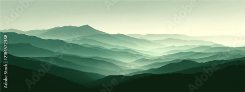 Foto Misty emerald mountain range, layered silhouettes receding into atmospheric haze, evokes serene contemplation and vastness