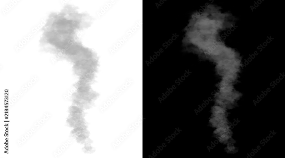 Obraz premium Realistic smoke plume illustration, rising grey steam trail on white and black backgrounds, atmospheric vapor cloud for design overlays