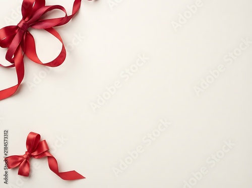 Vibrant red gift bows and curling ribbons artfully arranged on a light cream background, creating a festive border.